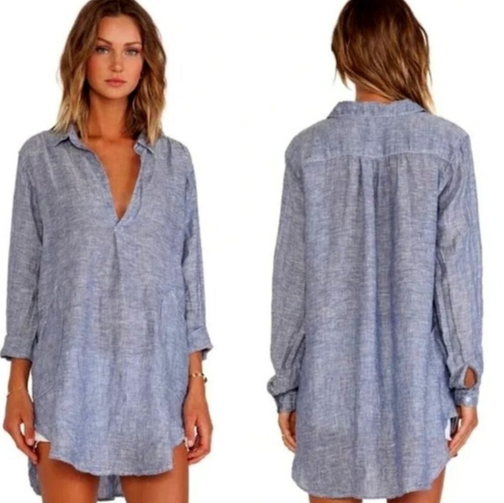 CP Shades Linen TETON Chambray Pullover Tunic Top Cover-up Lagenlook Boho XS